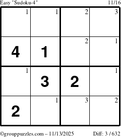 The grouppuzzles.com Easy Sudoku-4 puzzle for Thursday November 13, 2025 with the first 3 steps marked