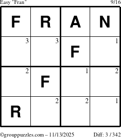 The grouppuzzles.com Easy Fran puzzle for Thursday November 13, 2025 with the first 3 steps marked