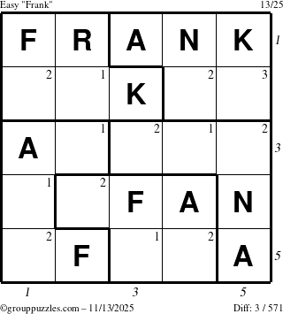 The grouppuzzles.com Easy Frank puzzle for Thursday November 13, 2025 with all 3 steps marked