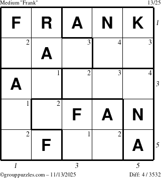 The grouppuzzles.com Medium Frank puzzle for Thursday November 13, 2025 with all 4 steps marked