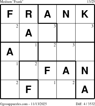 The grouppuzzles.com Medium Frank puzzle for Thursday November 13, 2025 with the first 3 steps marked