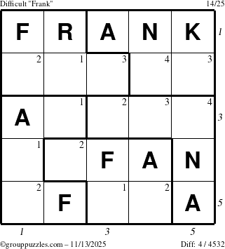 The grouppuzzles.com Difficult Frank puzzle for Thursday November 13, 2025, suitable for printing, with all 4 steps marked