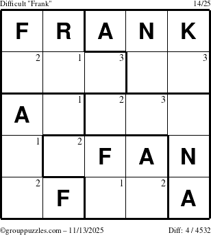 The grouppuzzles.com Difficult Frank puzzle for Thursday November 13, 2025 with the first 3 steps marked