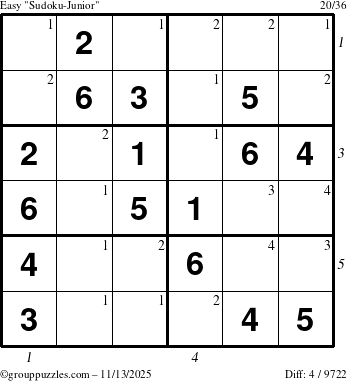 The grouppuzzles.com Easy Sudoku-Junior puzzle for Thursday November 13, 2025, suitable for printing, with all 4 steps marked