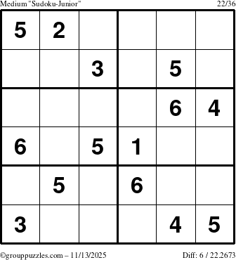 The grouppuzzles.com Medium Sudoku-Junior puzzle for Thursday November 13, 2025