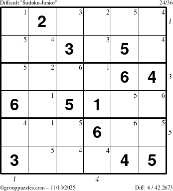 The grouppuzzles.com Difficult Sudoku-Junior puzzle for Thursday November 13, 2025 with all 6 steps marked