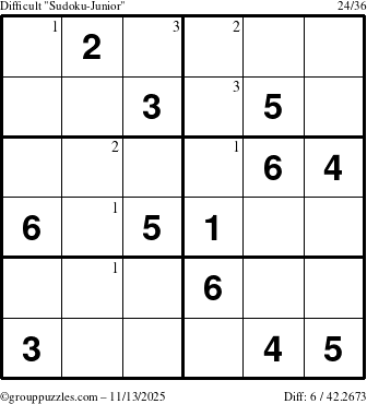 The grouppuzzles.com Difficult Sudoku-Junior puzzle for Thursday November 13, 2025 with the first 3 steps marked