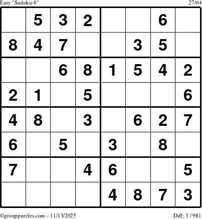 The grouppuzzles.com Easy Sudoku-8 puzzle for Thursday November 13, 2025