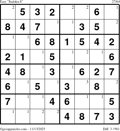 The grouppuzzles.com Easy Sudoku-8 puzzle for Thursday November 13, 2025 with the first 3 steps marked