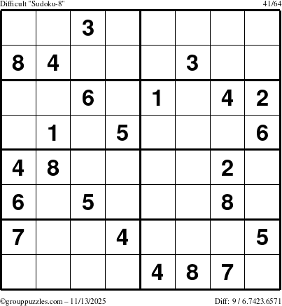 The grouppuzzles.com Difficult Sudoku-8 puzzle for Thursday November 13, 2025