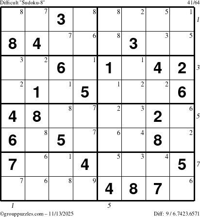 The grouppuzzles.com Difficult Sudoku-8 puzzle for Thursday November 13, 2025 with all 9 steps marked