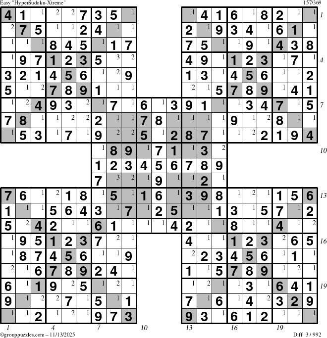 The grouppuzzles.com Easy cover-HyperXtreme puzzle for Thursday November 13, 2025, suitable for printing, with all 3 steps marked