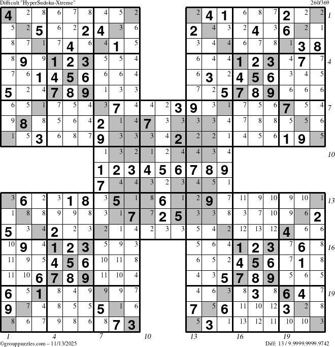 The grouppuzzles.com Difficult cover-HyperXtreme puzzle for Thursday November 13, 2025 with all 13 steps marked