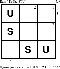 The grouppuzzles.com Easy TicTac-STU puzzle for Thursday November 13, 2025, suitable for printing, with all 2 steps marked