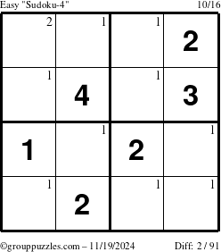 The grouppuzzles.com Easy Sudoku-4 puzzle for Tuesday November 19, 2024 with the first 2 steps marked