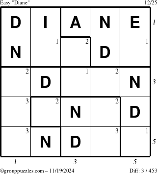 The grouppuzzles.com Easy Diane puzzle for Tuesday November 19, 2024 with all 3 steps marked