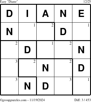 The grouppuzzles.com Easy Diane puzzle for Tuesday November 19, 2024 with the first 3 steps marked