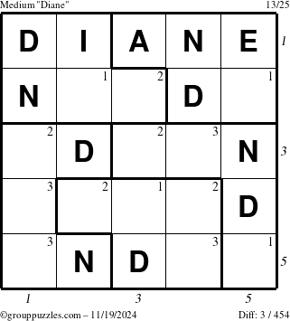 The grouppuzzles.com Medium Diane puzzle for Tuesday November 19, 2024, suitable for printing, with all 3 steps marked