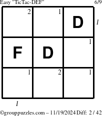 The grouppuzzles.com Easy TicTac-DEF puzzle for Tuesday November 19, 2024, suitable for printing, with all 2 steps marked