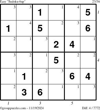 The grouppuzzles.com Easy Sudoku-6up puzzle for Tuesday November 19, 2024, suitable for printing, with all 4 steps marked