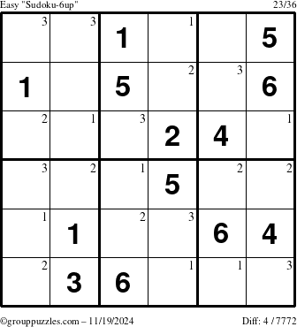 The grouppuzzles.com Easy Sudoku-6up puzzle for Tuesday November 19, 2024 with the first 3 steps marked