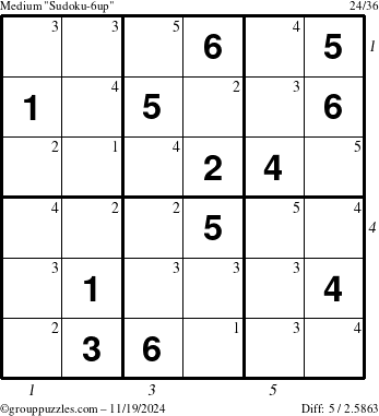 The grouppuzzles.com Medium Sudoku-6up puzzle for Tuesday November 19, 2024 with all 5 steps marked