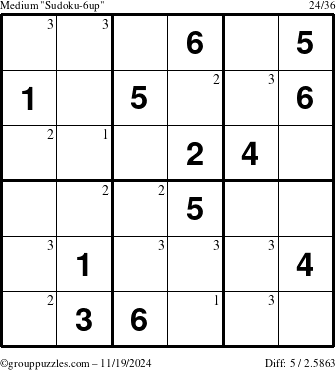 The grouppuzzles.com Medium Sudoku-6up puzzle for Tuesday November 19, 2024 with the first 3 steps marked