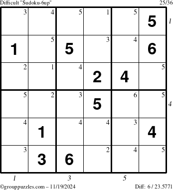 The grouppuzzles.com Difficult Sudoku-6up puzzle for Tuesday November 19, 2024 with all 6 steps marked