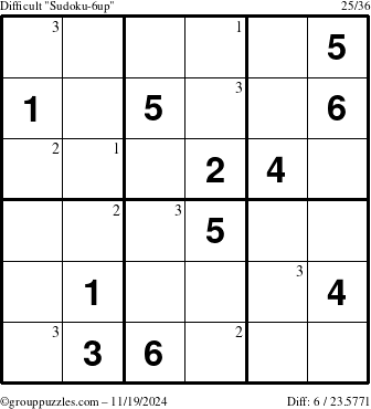 The grouppuzzles.com Difficult Sudoku-6up puzzle for Tuesday November 19, 2024 with the first 3 steps marked