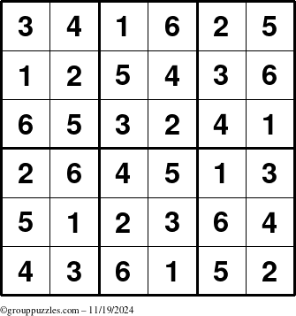 The grouppuzzles.com Answer grid for the Sudoku-6up puzzle for Tuesday November 19, 2024