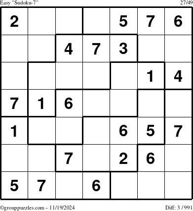 The grouppuzzles.com Easy Sudoku-7 puzzle for Tuesday November 19, 2024