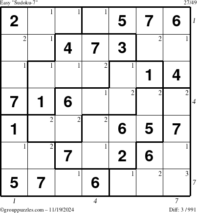 The grouppuzzles.com Easy Sudoku-7 puzzle for Tuesday November 19, 2024 with all 3 steps marked