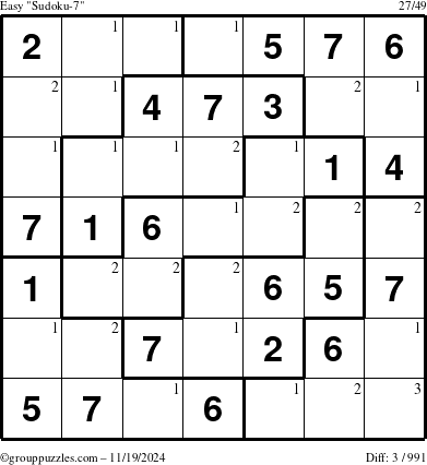 The grouppuzzles.com Easy Sudoku-7 puzzle for Tuesday November 19, 2024 with the first 3 steps marked