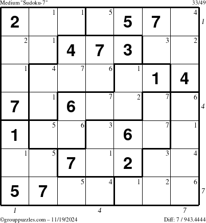 The grouppuzzles.com Medium Sudoku-7 puzzle for Tuesday November 19, 2024 with all 7 steps marked