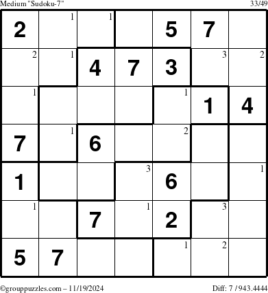 The grouppuzzles.com Medium Sudoku-7 puzzle for Tuesday November 19, 2024 with the first 3 steps marked