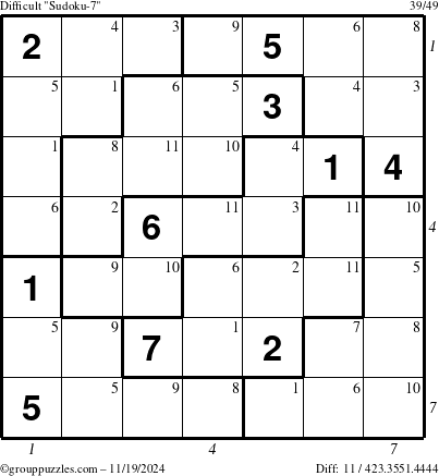 The grouppuzzles.com Difficult Sudoku-7 puzzle for Tuesday November 19, 2024 with all 11 steps marked