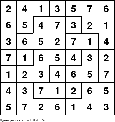 The grouppuzzles.com Answer grid for the Sudoku-7 puzzle for Tuesday November 19, 2024