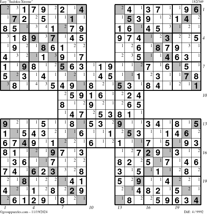 The grouppuzzles.com Easy Sudoku-Xtreme puzzle for Tuesday November 19, 2024 with all 4 steps marked