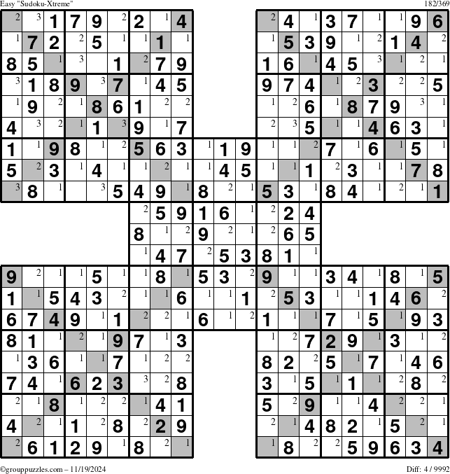 The grouppuzzles.com Easy Sudoku-Xtreme puzzle for Tuesday November 19, 2024 with the first 3 steps marked