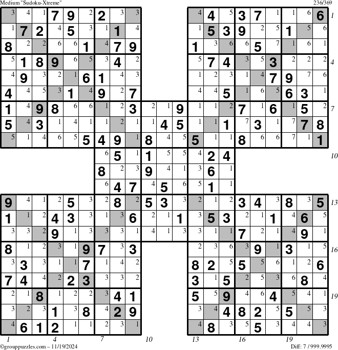 The grouppuzzles.com Medium Sudoku-Xtreme puzzle for Tuesday November 19, 2024 with all 7 steps marked