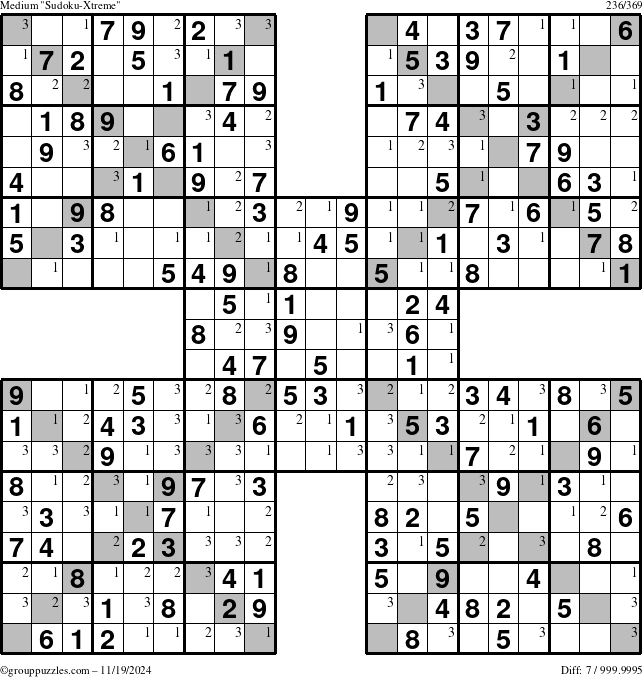 The grouppuzzles.com Medium Sudoku-Xtreme puzzle for Tuesday November 19, 2024 with the first 3 steps marked