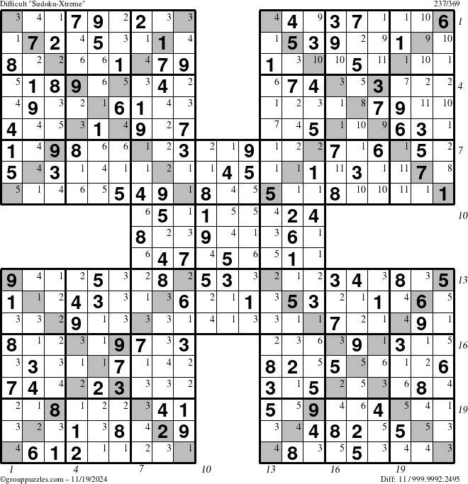 The grouppuzzles.com Difficult Sudoku-Xtreme puzzle for Tuesday November 19, 2024 with all 11 steps marked