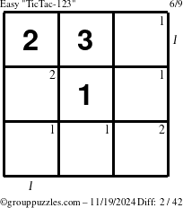 The grouppuzzles.com Easy TicTac-123 puzzle for Tuesday November 19, 2024 with all 2 steps marked