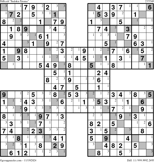 The grouppuzzles.com Difficult Sudoku-Xtreme puzzle for Tuesday November 19, 2024 with the first 3 steps marked