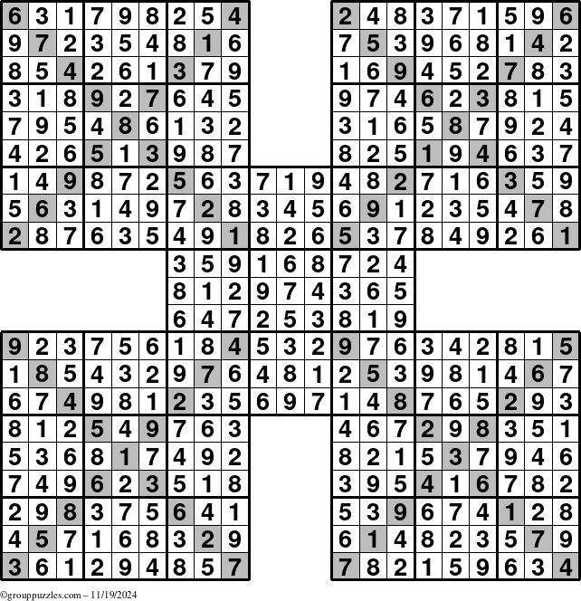 The grouppuzzles.com Answer grid for the Sudoku-Xtreme puzzle for Tuesday November 19, 2024