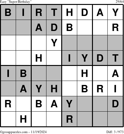 The grouppuzzles.com Easy Super-Birthday puzzle for Tuesday November 19, 2024