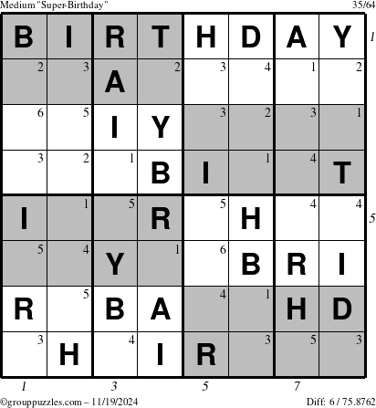 The grouppuzzles.com Medium Super-Birthday puzzle for Tuesday November 19, 2024 with all 6 steps marked