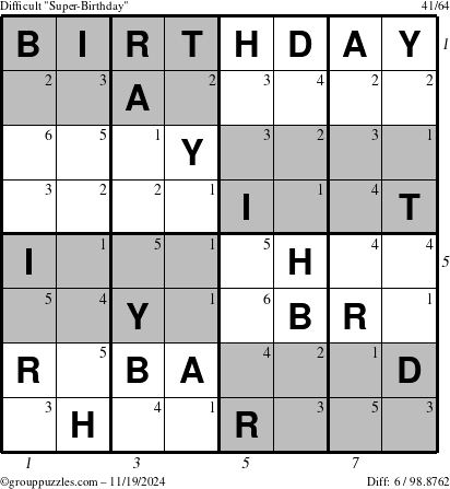 The grouppuzzles.com Difficult Super-Birthday puzzle for Tuesday November 19, 2024 with all 6 steps marked