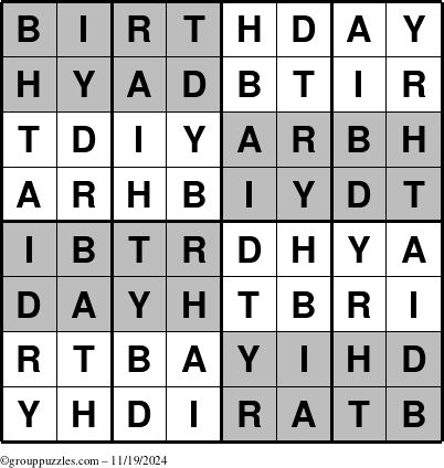 The grouppuzzles.com Answer grid for the Super-Birthday puzzle for Tuesday November 19, 2024