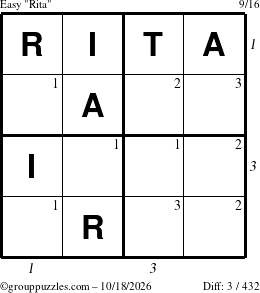 The grouppuzzles.com Easy Rita puzzle for Sunday October 18, 2026, suitable for printing, with all 3 steps marked